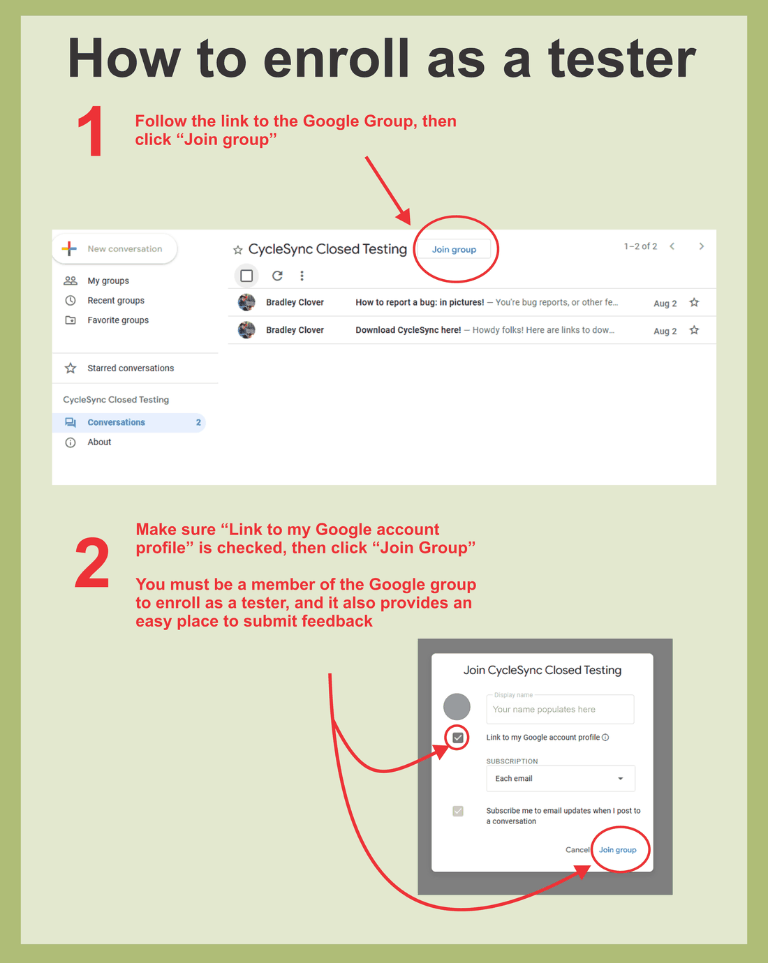 Two-part walkthrough: open the CycleSync Closed Testing group and click the Join group button next to the group name; then, in the join dialog, tick 'Link to my Google account profile' and click Join group.