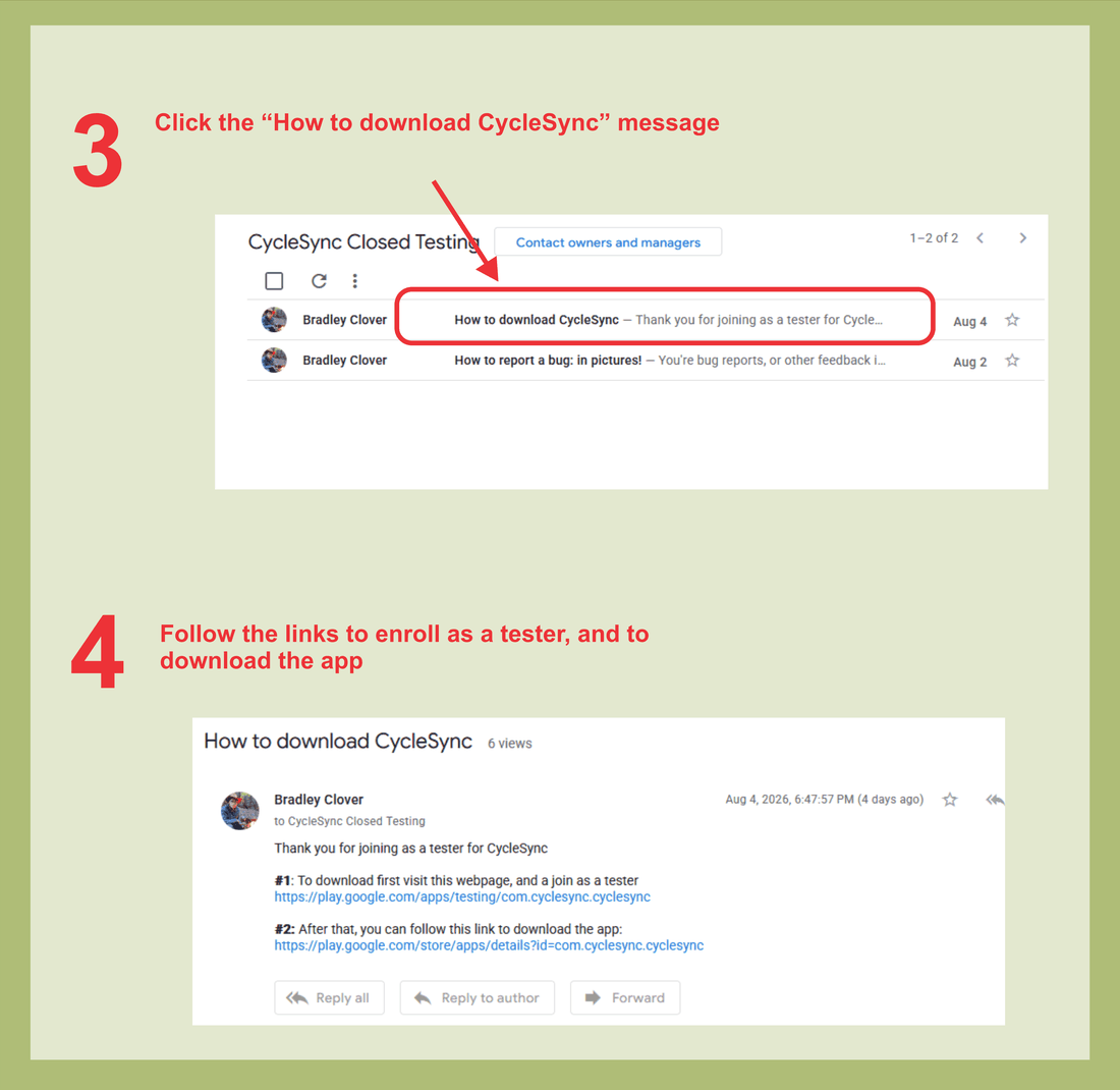 Two-part walkthrough: in the group's conversation list, click the 'How to download CycleSync' message; then follow the two links inside that post: one to enrol as a tester, one to download the app.