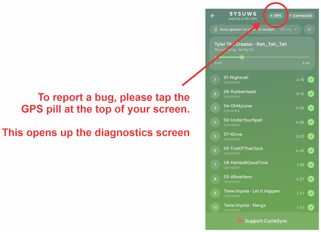 The CycleSync room screen with the GPS pill in the top bar circled in red: tap it to open the diagnostics screen.