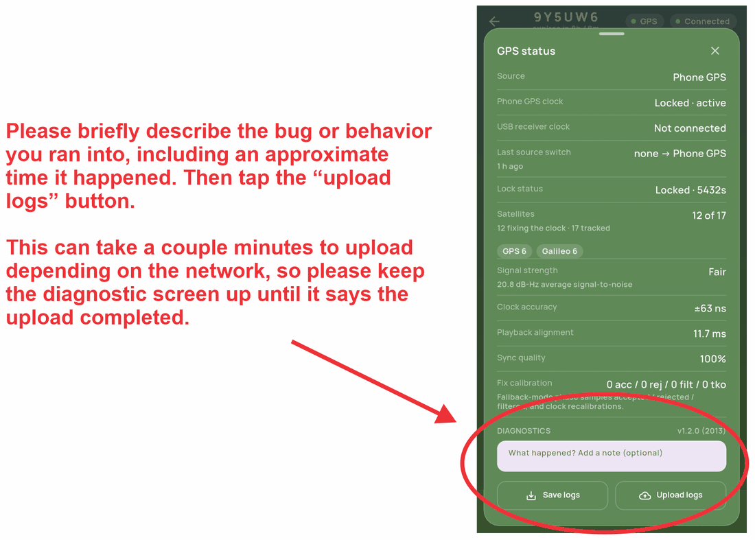 The GPS status diagnostics sheet with the note field and the Upload logs button circled in red at the bottom: type what happened, then tap Upload logs.